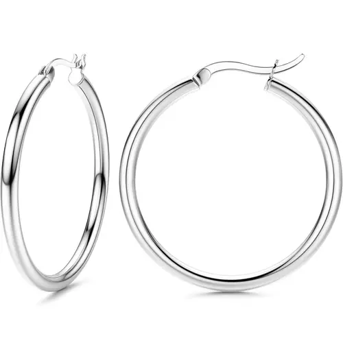 Sterling Silver Hoop Earrings for Women, Hypoallergenic Lightweight Hoops, Rounded Hoop Earrings, Casual Style, Classic Style Earrings, Various Sizes 13-50mm, Choking Hazard Warning