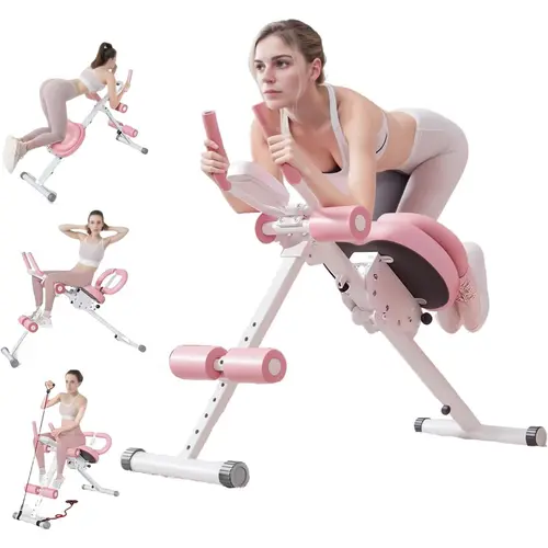 Unisex Adjustable Abdominal Machine with LCD Monitor, Foldable Iron Alloy Ab Exercise System, Height-Adjustable Home Gym Equipment for Indoor Ab Training & Running & Fitness, Pink/Purple (with Knee Elbow Pads)