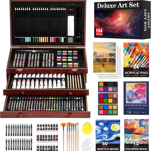 194 Piece Deluxe Art Set, Painting Drawing Art Supplies with 4 Drawing Pads, Acrylic Paints, Crayons, Colored Pencils Set in Wooden Case, Art Set for Kids, Teens, Adults, Artists, Beginners, Gift for Birthdays, Back to School, #tiktokshopsummersale
