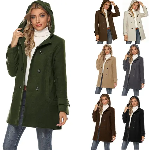 Yeokou Women's Chic Elegant Hooded High Neck Double-Breasted Button Wool Blend Pea Coat - Long-Sleeve Above-Knee Casual Outerwear Jacket with Pockets for Dating, Work