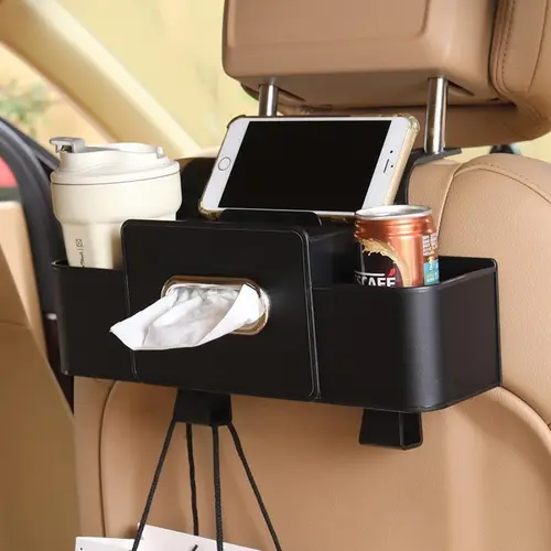 Plastic Multifunctional Car Seat Back Storage Box, Universal Car Accessories Interior with Tissue Slot, 2 Cup Holders, Includes Hooks to Hang Bags Off the Floor, Portable Auto Organizer for Stowing & Tidying