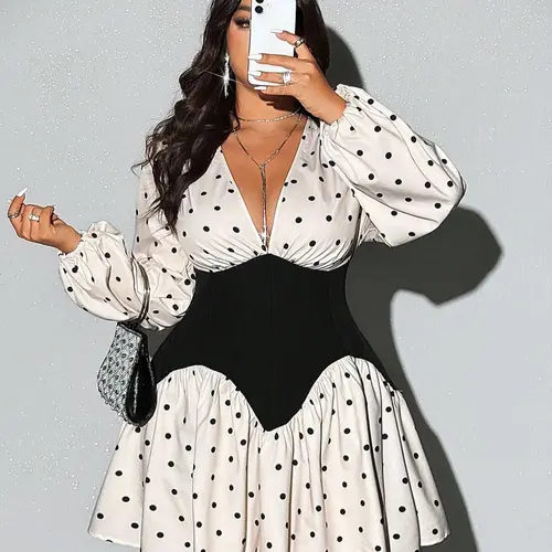 Plus Size Women's Deep V Elegant Fitted Short Dress, Casual Dresses, Spring Polka Dot Design, Stylish, Chic, Classy and Graceful, Formal Wear, Casual Wear, Womenswear, Perfect for Formal Occasions or Dates