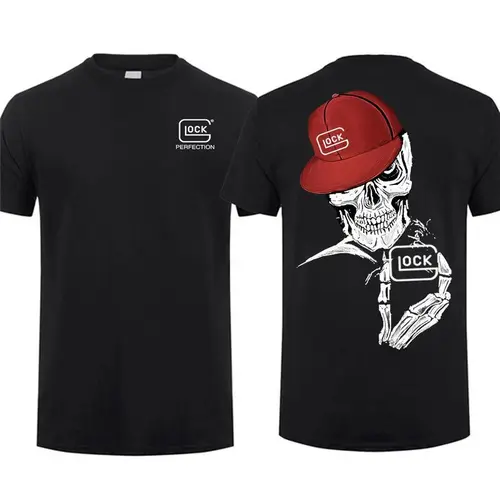 Men's Skull Holding Glock Logo 2-Sided Short-Sleeve Round Neck Fitted Casual Streetwear T-Shirt - Unisex Cotton Tactical Gun Lover Skull Print Tee, Menswear Streetwear Graphic Top, Casual Fit Short Sleeve Top