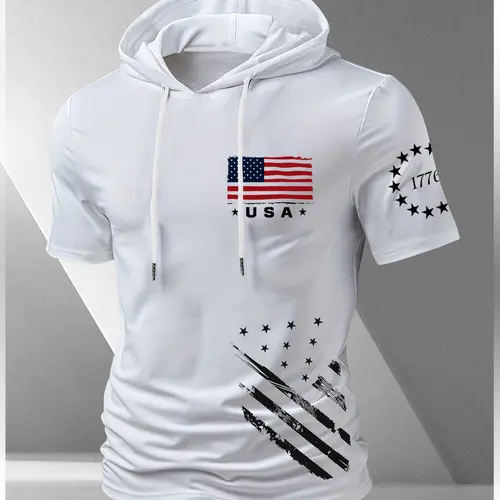 Men's "1776 & USA Flag" Hooded Short-Sleeve Fitted Tee, Distressed Retro Patriotic Alternative Streetwear, Graphic Streetwear Clothing, Casual Lifestyle T-Shirt, Tops