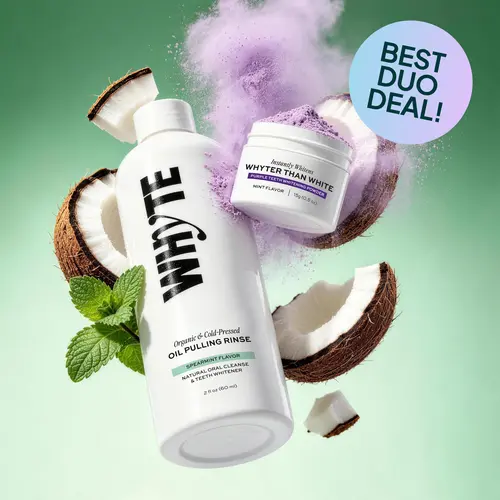 WHYTE Organic Oil Pulling Rinse & Purple Teeth Whitening Powder Multi-Pack, Adult Oral Care Gentle Detoxifies Instant Smile Brightening Stain Remover with Menthol, Sodium Bicarbonate, Peppermint, Fluoride-Free (No Hydroxyapatite, Peroxide)