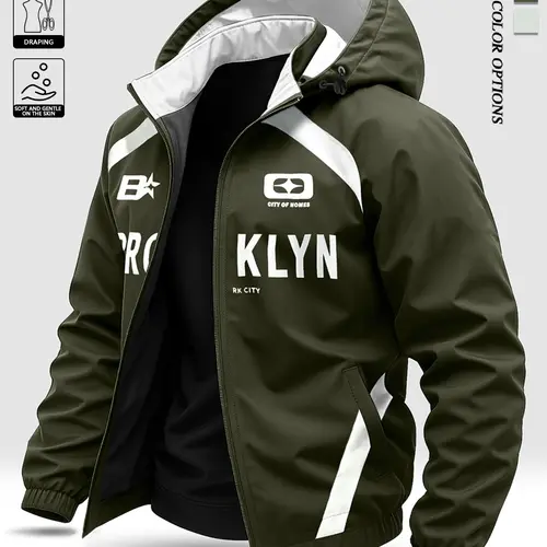 Men's casual hooded jacket with letter print, suitable for everyday outings, sports and fitness, outdoor fishing, mountain climbing, and can be worn throughout the year. Menswear Coats Tops Operator Long Sleeve durable surface Army Green