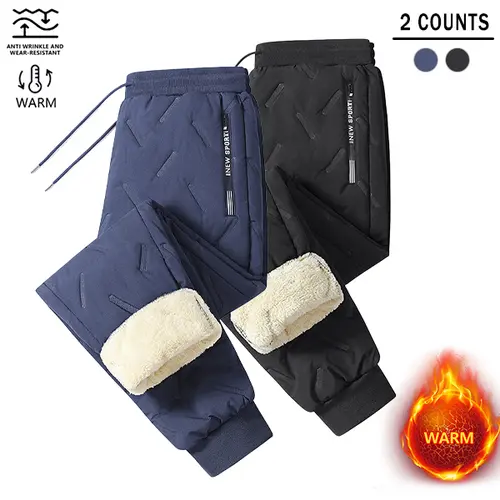 Men's Minimalist Style Basics 2-Piece Fleece-Lined Thermal Casual Pants Set - Mid Waist Fit, Stretch Waistband, Fashion Cold Weather Menswear Bottoms