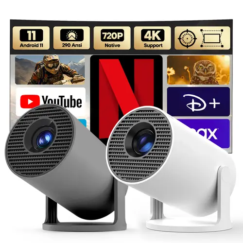 HY300Pro Portable Projector 290ANSI Lumens 8K/4K/1080P Decode Allwinner H726 2.5&5.8G Dual WiFi6 Smart Android 14 BT5.4 Native 1280*720P Built-in Speaker Auto Keystone Correction Home Cinema Movie Projector - Audio #TikTokShopBackToSchool