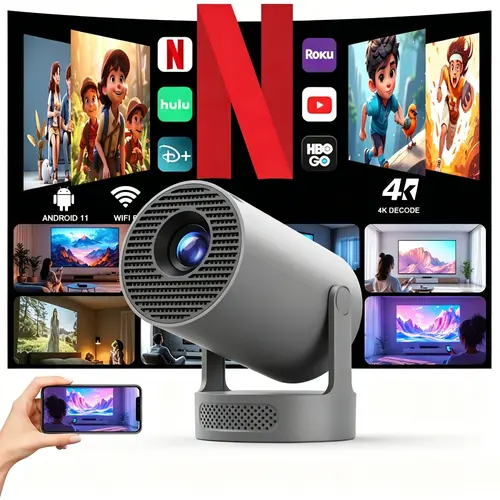 Potable HY300Pro+ Projector with 4K Decode 290ANSI Auto Keystone Correction Dual-Band WiFi6 & Bluetooth5.4 Android 14 1280x720P for Home Cinema Portable Movie Theater Gift - Audio Outdoorfun #TikTokShopBackToSchool,back to school,back to school haul