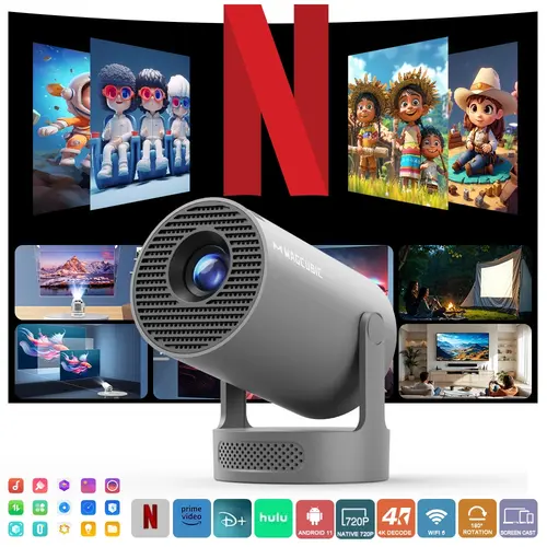 Outdoorfun 8K/4K/1080P Decode 1080P HY300Pro+ Projector with 290ANSI Auto Keystone Correction Dual-Band WiFi6 & Bluetooth5.4 Android 14 1280x720P for Home Cinema Portable Movie Theater Gift - Audio #TikTokShopBackToSchool