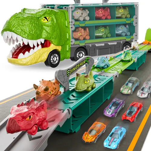 13 in 1 Dinosaur Truck Die-Cast & Dino Vehicle Toy Set - 6 Cars, 6 Trucks, Foldable Race Track, Dual-Player Racing, Durable Safety Transport Carrier, Christmas Gift, Children's Day Playful Miniature Car Track Motor Vehicles for Toddlers, Birthday