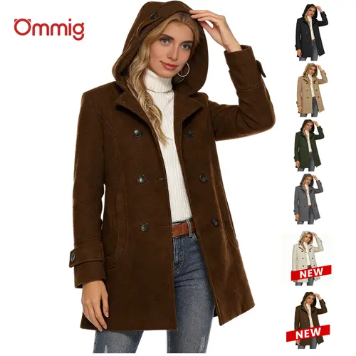 Ommig Women's Elegant Solid Long Sleeve Double-Breasted Wool Pea Coat with Hood Casual Outerwear with Polyester Blend for Autumn, Winter,summerwins,back to school,back to school shopping