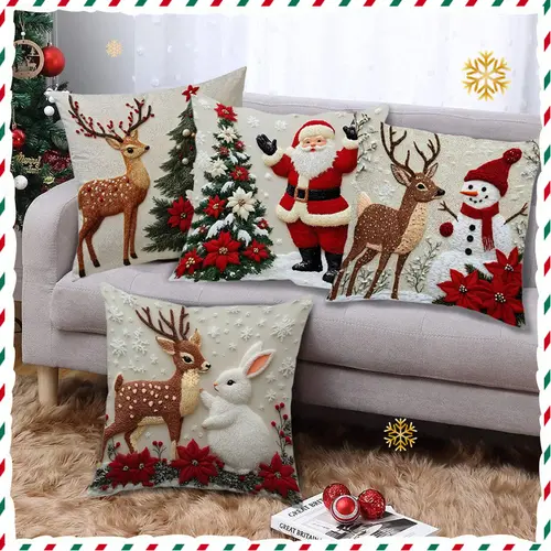 Unisex Indoor Christmas Super Soft Square Short Plush Throw Pillow Set (4 Pcs) - Santa-Claus, Reindeer, Bunny Animals - Home Decoration, Party Decor Supplies