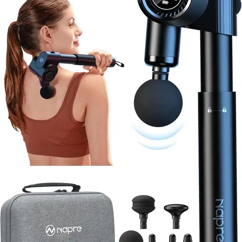 NAPRE Luxury Foldable Massage Gun Kit with Long Extension Handle, 5-Adjustable-Angle Deep Tissue Percussion Massager, 32 Speeds Quiet Motor, 15W PD, 2.5H Charge, Relaxing Tool for Hip Pain Relief, Gym Recovery (Gift for Mom)