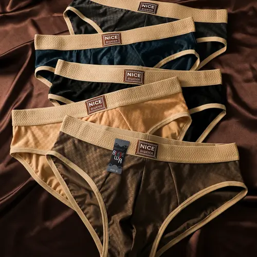 Men's Breathable Waffle Triangle Underwear, Morandi Color, Soft Antibacterial, Fitted Casual Shorts, Soft Comfy Brief, Suitable for Home and Vacation
