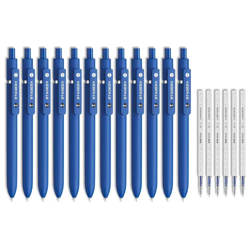 STAGEEK Blue Refillable Ink Pens (6Pcs) with 3 Extra Refills, Fine Point Tip Quick-Dry Work Pens, Retractable Smooth-Writing for Office, School Supplies (Blue, Black, Gray, White, Morandi)