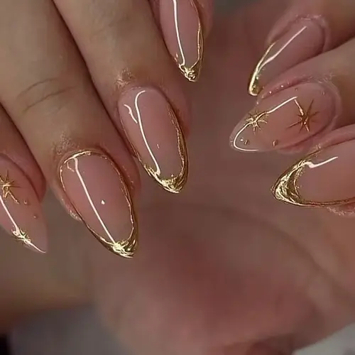 24pcs Oval Press-On Nails Set, Star Gold Powder Design, Valentine's Day Style, Full Coverage Acrylic False Nails, Includes Jelly Glue & Nail File, Glossy Fake Nails, Acrylic Fake Nails