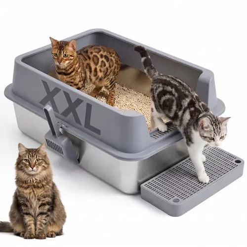 Topyangs XXL Stainless Steel Cat Litter Box with Lid - High-Sided Privacy, Odor Control, Rust-Resistant Non-Stick Surface, Free Scoop, Fits Modern/Clay Litter, Multi-Cat Households, Home Decor Friendly, Keeps Environment Clean