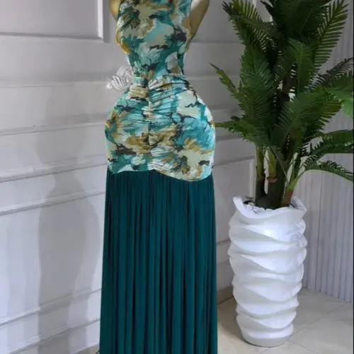PULKRITU Women's Printed Ruched Bodycon Fit Long Evening Dress, Holiday Party Gown, Elegant Chic Formal Wear, Prom Evening Gown, Sleeveless Dress