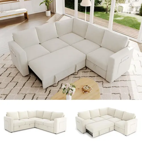 【3 Packages】83.5" Sectional Sleeper Sofa with Pull Out Couch, Modern 5 Seat L Shaped Modular Couch, Sectionals Modular Sofa with Storage, Comfy Sectional Couches for Living Room & Apartment