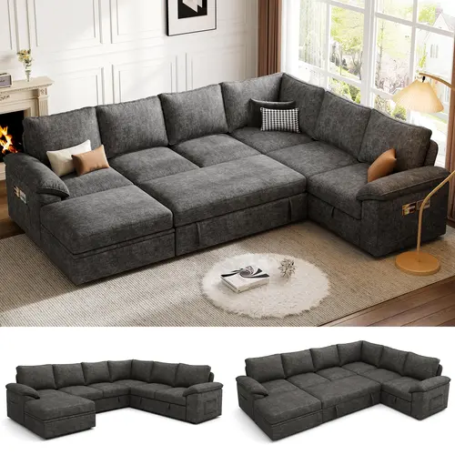 【4 Packages】108 Inch Sectional Sleeper Sofa with Pull Out Bed, U Shaped 7 Seat Modular Sectional Sofa with Storage, Sectional Couches for Living Room, Cloud Modular Couch, Removable Sofa Cover