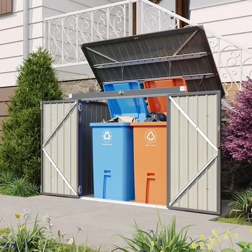 AOXUN 5x2.6Ft Horizontal Galvanized Steel Metal Shed Garden Buildings - 60 Cu. Ft Trash Storage, Lockable Doors, Waterproof Lid Chain, Holds Toys & Tools for Backyard/Patio