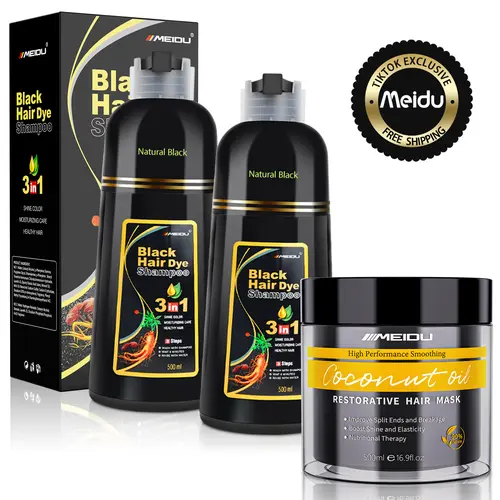MEIDU 3-in-1 Hair Dye Shampoo & Keratin Mask Haircare Set - Herbal Hair Color with Ginseng Extract, Coconut, Collagen Treatment, Moisture Boost for Color Retention