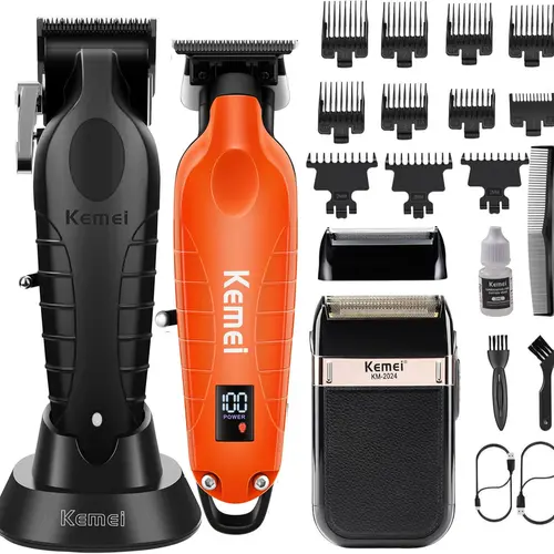 KEMEI High Quality Salon Clippers & Trimmer Kit for Men, Cordless Charging Trimmer with 0-Gap Design & LED Display, 11 Guide Combs, Professional Haircut Set, Barber Clippers Set, Ergonomic