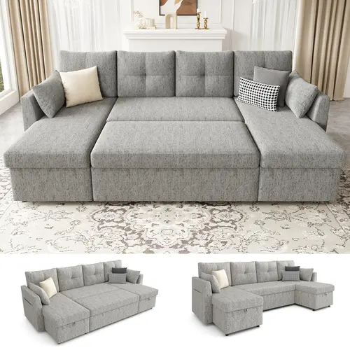 【2-3 Packages】 Oversized Sleeper Sofa Couch, 106 inch 2 in 1 Pullout Couch Bed with Double Storage Chaise, Sectional Sleeper Sofa Bed with Side Pocket for Living Room