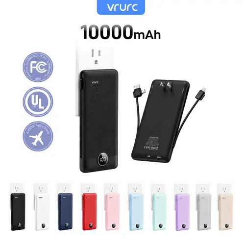 VRURC 10000mAh Power Bank with Built-in AC Plug & Cable, USB-C PD20W Fast Charging, LED Digital Display, Portable Charger for Android Compact Micro,back to school,back to school haul