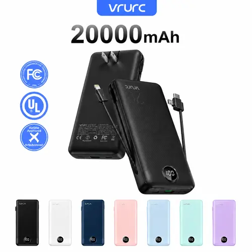 VRURC Multifunctional 20000mAh Portable Charger - 22.5W QC Fast Charging, Built-in Wall Plug, Foldable Cables, 4 Outputs, 2 Inputs, LED Display, Mobile EDC Gear for On-the-Road Use,back to school,back to school haul