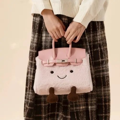 Kebidou Cute Faux Fur Crossbody Bag for Women 2025 Autumn Winter New Cartoon Fashion Kelly Handbag with Belt Decoration & Zippered Hidden Pocket2025