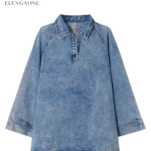 Elengatine Women's Collared Retro Soft Everyday Denim Top-Dress, Vintage Washed Blue, Half-Zip, Loose Fit, 1 Chest Pocket, Casual Outings Street Style Chic, Cotton Polyester Womenswear