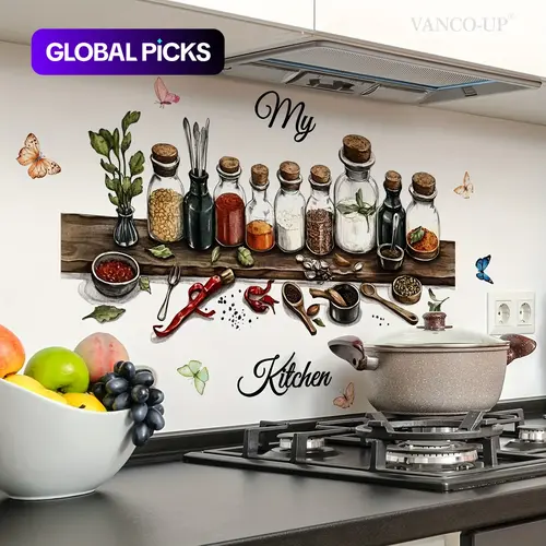 Self-Adhesive Kitchen Wall Sticker, 2D Seasoning Bottle and Butterfly Decal, Adhesive Decals, Kitchen Stickers, Decorative Wall Art for Home Kitchen, 30x90cm (M18091) #GLOBAL PICKS