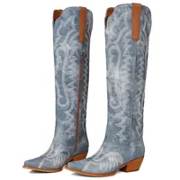 Women's Point-Toe Embroidered Western Cowboy Chunky Heels Boots Knee High Vintage Style Pointed Toe Cowgirl Boots with Intricate Pattern Side Zipper Boots for Casual Festival Daily Wear Fashionable Durable Footwear fall shoe shopping