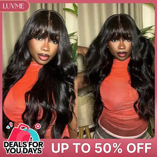 LUVME Glueless Loose Body Wave Wig with Bangs, Pre-Cut 7x6 HD Lace Closure, 100% Human Hair for All-Day Comfort, Wigs, Human Hair Wigs