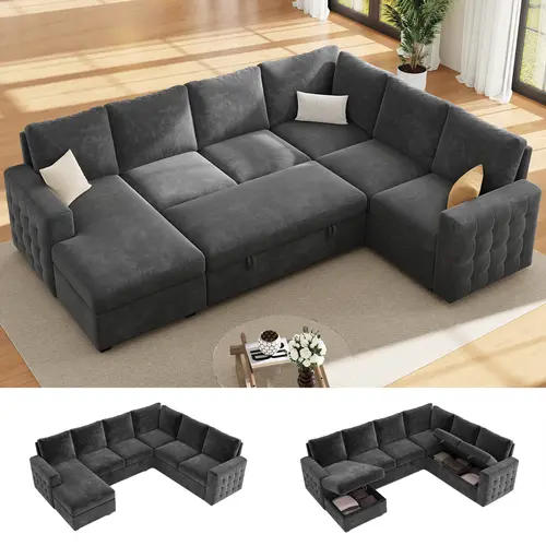 【3-4 Packages】86 Inch Sectional Sleeper Sofa, 5-7 Seat L Shaped Sleeper Sectional Couch with Pull Out Bed, Convertible Sofa Bed with Storage for Living Room, Apartment, Modular Cloud Couches