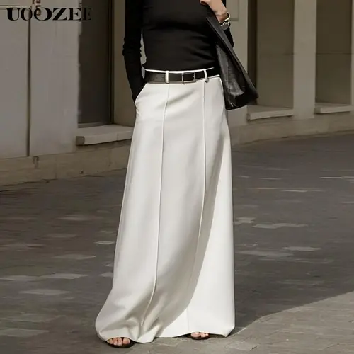 UOOZEE Women's 2026 Basic Minimalist Solid Color H-Shaped Long Flowy Floor-Length Mid-Waist Skirt - 100% Polyester Spring Thin Fabric, Elegant Loose Fit, Pockets, Zip Closure, Old Money Style, Leggings Compatible | Skirts for Women, Day Outings, Commuting