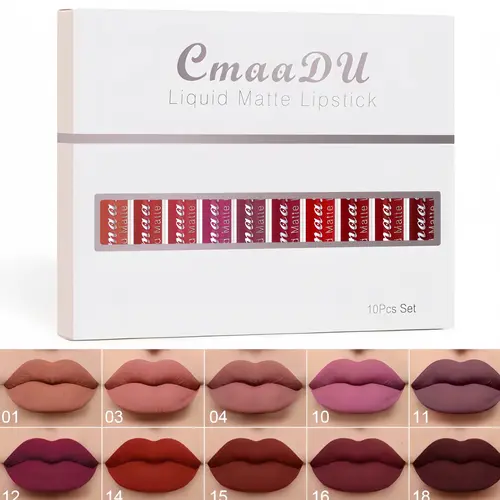 Women's 10Pcs Matte Liquid Lipstick Multi-Pack - Dark Ruby Mauve, Long-Lasting, Non-Stick Cup, Natural Beeswax Formula, All Skin Types, Hydrating, Moisture-Boosting, Silky Lightweight Lip Care Makeup Cosmetic Gift