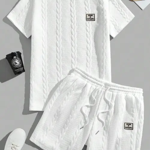 Men's 2 Piece Outfits, Woven Textured Casual Short Sleeve Round Neck Top and Loose-Fit Shorts Set, Summer Menswear Clothes, Shortsleeve, Fashion, Plain, Stylish, 2 Piece Set, Crew Neck, Textured Look, Raised Pattern, Mens Clothing, Polyester, 2 Pcs Set