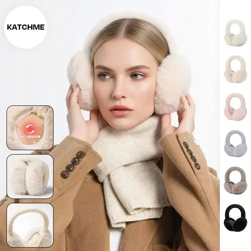 KatchMe Women's Versatile Solid Color Fluffy Foldable Thermal Earmuffs, Thick Plush Warm Ear Protection for Winter, Minimalist Portable Earmuffs