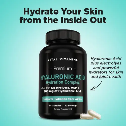 Vital Vitamins Hyaluronic Acid Hydration Complex – Beauty & Healthcare Supplement with MSM, Vitamin C & Coconut Water - 60 Capsules