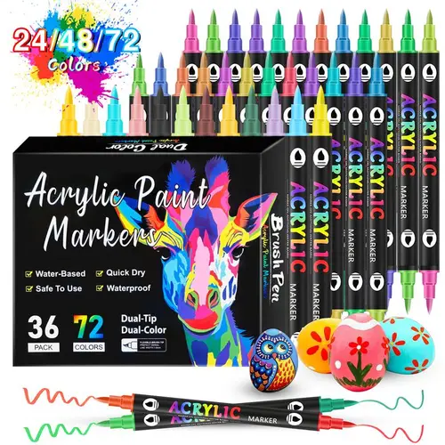 Acrylic Paint Markers Dual Tip Fine & Brush Nibs Non Toxic Waterproof Pigments for Rock Wood Canvas Glass Art Drawing Tools DIY Craft Supplies Gift Creative Tool for School Projects 12pcs 24colors