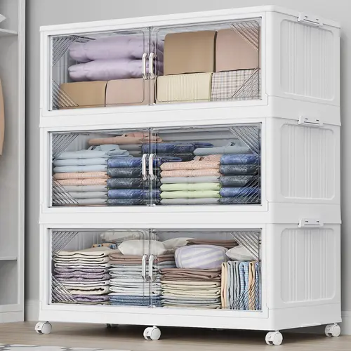 BROVIEW Plastic Stackable Massive Capacity Magnetic Folding Collapsing Storage Bins with Lids, Extra Large Closet Organizer Drawers, Foldable Containers for Home Organization, V60