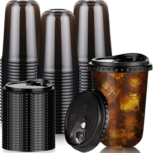 Kesaplan Summer Wins 50 Pack 16oz Black Plastic Cups with Lids, Disposable Round Bottom Stemless Glasses with Sip Lids, To Go Iced Coffee Drinking Cups for Halloween Party Wedding Catering Events