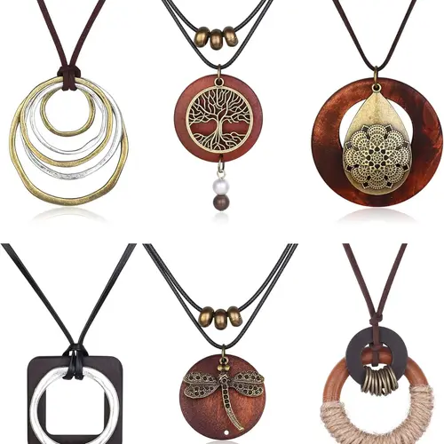 6Pcs Boho Wooden Pendant Necklaces Set for Women Men Long Layering Y-Necklaces with Peace Sign for Fall Sweaters, Vintage Hippie Jewelry Gift, Decorative Necklace