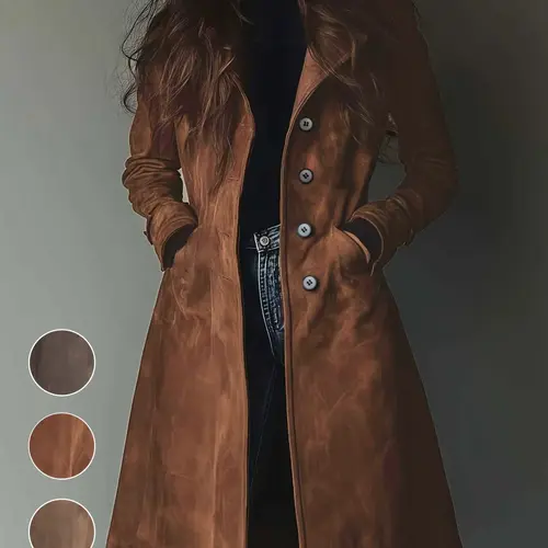 Women's Suede Coat Jackets, Womenswear, Elegant Vintage Chic Fitted Design, Pockets, Durable Material, Single-Button Mid-Length Commuter Outdoor Wear, Outerwear