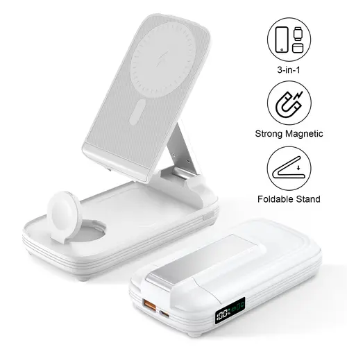 BLKE 3-in-1 Foldable Wireless Power Bank, 10000mAh Magnetic Power Bank with Adjustable Phone Stand, Fast Charger, Portable Wireless Charger with Digital Display for iPhone 17 / 16 / 15 / 14 / 13 / 12 Series & Earbuds & Apple Watch mothersdaygift