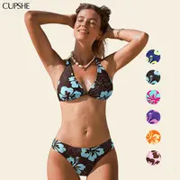 CUPSHE Women's Lime Blossom V-Neck Halter 2-Piece Bikini Set - Soft Cup Support, Low-Rise Cheeky Bottom, Retro Floral Cottage-Core Swimsuit for Women , Two Piece Set #summerfinds