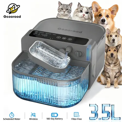 【Geoorood】Automatic Cordless Pet Water Fountain & Feeder - Wastewater Separation, Filter-free, 6-Month Rechargeable Battery, Stainless Steel Bowl, 3.5L+2L Tank, Auto Refill for Cats & Dogs, Automatic Water Feeder